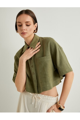 Koton Crop Oversize Gömlek Viskon Keten Karışımlı Düğmeli Kısa Kollu Cepli Haki 4sak60415pw Haki