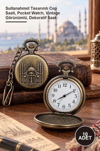 10 Adet Köstekli Saat Sultanahmet Tasarımlı Cep Saati, Pocket Watch, Vintage Görünümlü, Dekoratif Saat
