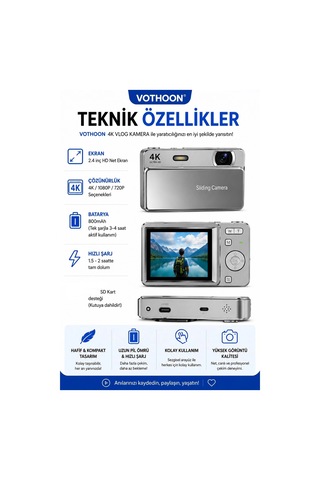 Dijital Kamera 4k Hd 48mp 8x Zoom Flaşlı Kayar Retro Video Kamera 2.4 Ekran 64gb Sd Kart Hediyeli Gümüş