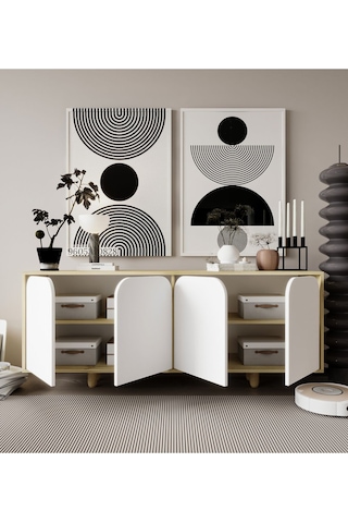 Lazio Bohem Ahşap Ayaklı Modern Konsol 180 Cm Safir Meşe-beyaz