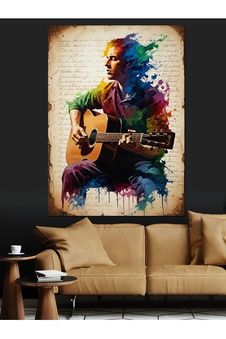 Ahşap Tablo Gitar Çalan Renkli Sanatçı Dekoratif Tablolar