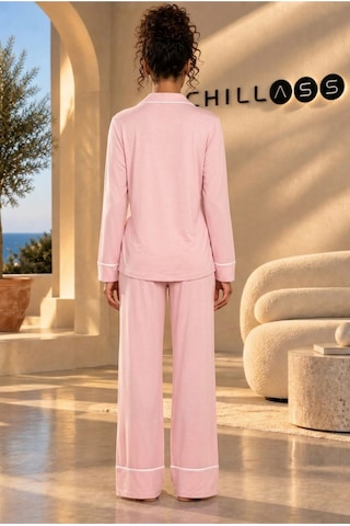 Chıllass Kadın Pamuklu Uzun Kollu Pijama Takımı Önden Düğmeli Pembe Pembe