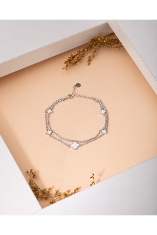 925 Ayar Rodyum Beyaz Mineli İki Sıralı Yonca Charm Gümüş Bileklik Gümüş - Rodyum