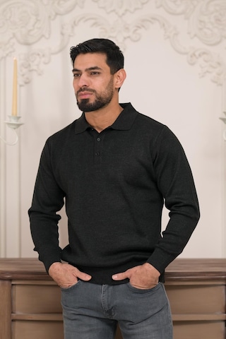 Woolen World Polo Yaka Düz Renk Yünlü Erkek Triko Kazak Antrasit