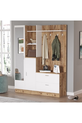 Yurudesign Wisdom Vestiyer Ayakkabılık Portmanto Aynalı Raf Çam-B