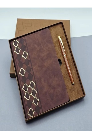 Mobgift Yan Tarafı Mozaik Desenli Deri Defter Kalem Tasarım Kutulu Hediye Seti Kahverengi