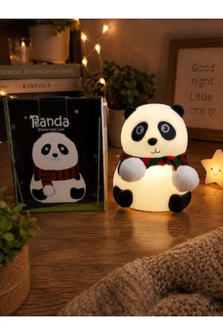 Sevimli Atkılı Panda Gece Lambası Yumuşak Typce Sarjlı 5 Renk Işıklı Çocuk Gece Lambası Beyaz