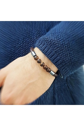 Brezza Lusso Jewelry Deri Mıknatıslı Ceviz Ağacı Erkek  Bileklik Beyaz
