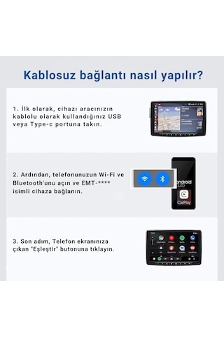 2in1 Kablosuz Carplay Ve Android Auto Adaptörü Emt-001