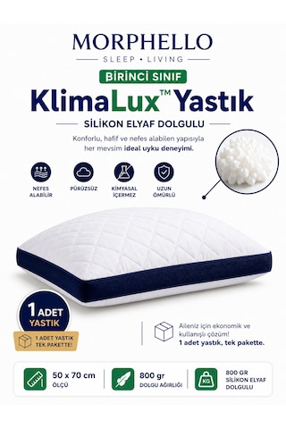 Morphello Klimalux Birinci Sınıf Klimalı Yastık 50x70 Cm 800 Gr Silikon Elyaf Dolgulu Nefes Alan Yan Spacer Makinede Yıkanabilir Beyaz-lacivert Spacer