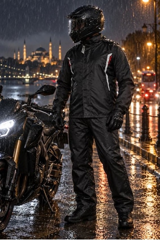 Yyk Sj18 Yağmurluk Takım Alt Üst Siyah Motorcu Yağmurluğu