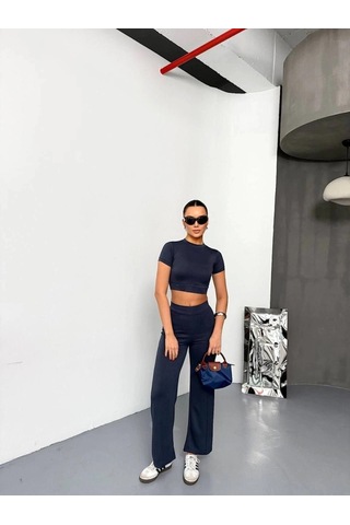 Valensdesign Osy Modal Yumuşak Dokulu Kumaş Kısa Kollu Crop Alt Ispanyol Paça Pantalon Ikili Takım - Füme
