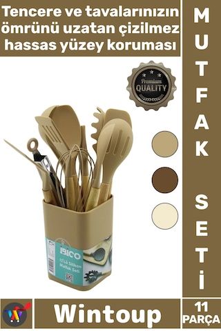 Mutfakseti Isıya Dayanıklı Yanmaz Modern Ergonomik Bambu Saplı Kovalı 11 Parça Silikon Mutfak Seti