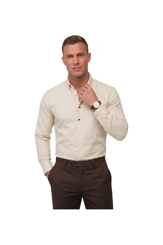 Deep Sea Deepsea Krem Slim Fit Likralı Kolay Ütülenebilir Gizli Düğmeli Erkek Gömlek 2602614