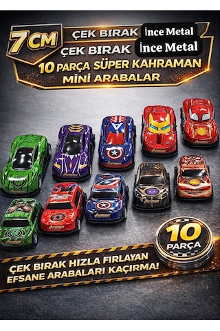 Oyuncak AVENGERS Temalı 10 Lu Kutulu Çek Bırak Metal Car 7 cm Araba Seti