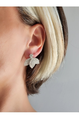 Kuş Çiçek Model Kristal Taşlı Küpe Gümüş