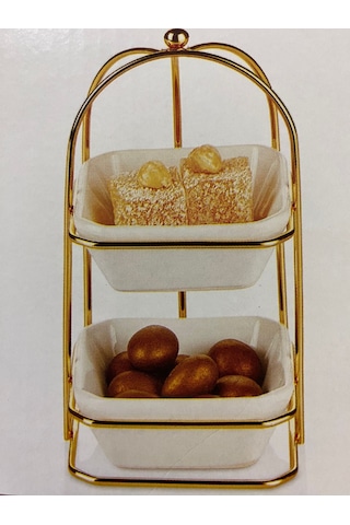 2 Katlı Gold Detaylı Standlı Porselen Kare Kaseli Şekerlik Sosluk Sunumluk
