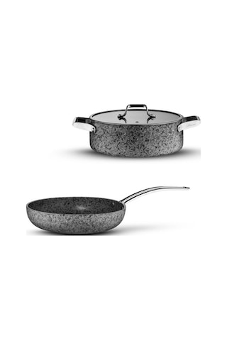 Brioni Stone-age 3 Parça 24 Cm Basık- 24 Cm Tava Çizilmez Yanmaz Yapışmaz Kombin Tencere Tava Seti Gri