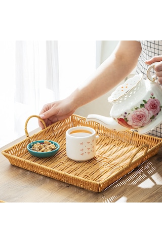 Porsima 709b Kare 3'lü Hasır Tepsi Dekoratif Sunum Servis Tepsisi