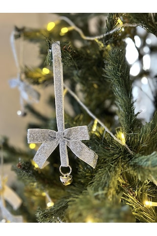 Yılbaşı Simli Gümüş Kadife Kurdeleli Zilli Zincir Lüks Noel Çam Ağacı Süsü 5 Adet-ykdf22