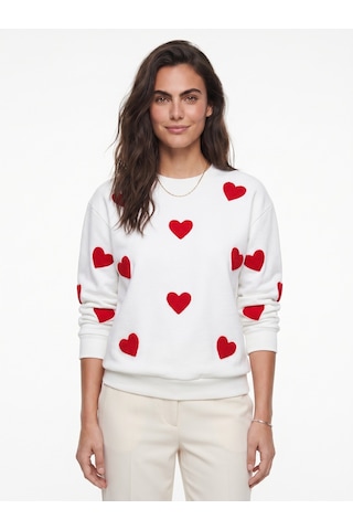 Onloox Kadın Beyaz Beyaz Pamuklu Bisiklet Yaka Uzun Kollu Süzene Kalp Nakışlı Ribana Detaylı Sweatshirt