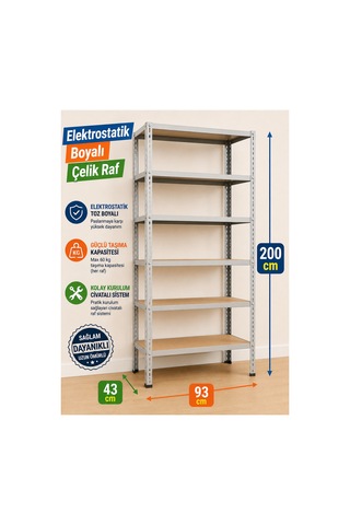 6 Katlı Çelik Elektrostatik Raf Sistemi, Dosya, Market, Ayakkabı, Çiçek, Depo, Arşiv, Kiler Rafı Boyut: 43x93x200 Cm Kalınlık: 0,70 Mm Gri