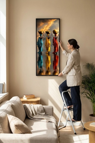 Sepet Taşıyan Afrikalı Kadınlar Çerçeveli Dekoratif Tablo 25x60 Cm Dikey Duvar Tablosu Salon Yatak Odası Ofis Dekoru