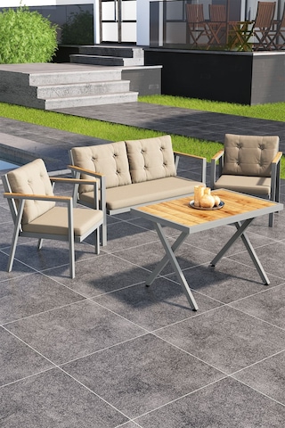 Sierra 2+1+1 Metal İskeletli Suya Dayanıklı Minderli Bahçe Balkon Mobilya Takımı Cappuccino
