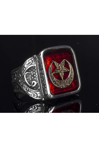 925 Ayar Gümüş Erkek Yüzük - Ay Ve Yıldız İle Oluşturulmuş Granat Taşı Gümüş