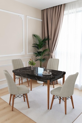 80x170cm Mutfak Masası Takımı 4 Kişilik Açılır Masa Sandalye Takımı -yemek Odası-mdf Siyah Mermer - Krem