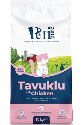 Petipure Tavuklu Kuru Yavru Kedi Maması 10 Kg - Besleyici Vitamin İlaveli Tam Ve Dengeli Mama