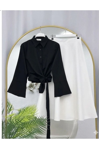 Lovie Moda Kadın Scuba Etek Bağcıklı Gömlek Takım - Siyah