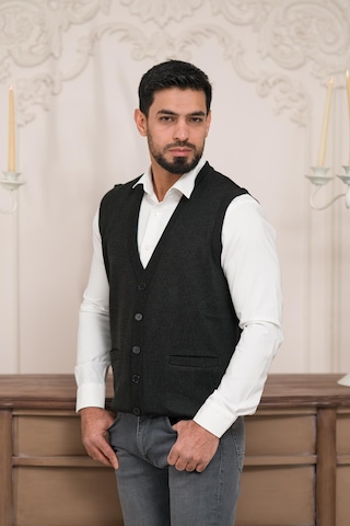 Woolen World Regular Fit Ön Cepli Kolsuz Erkek Triko Yelek Antrasit