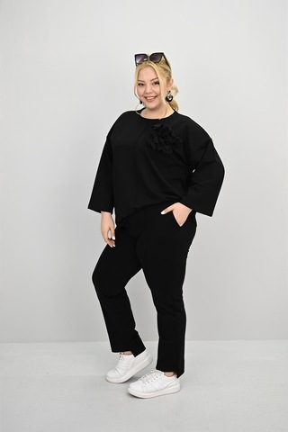 Kadın Büyük Beden Uzun Kollu Çiçek Aksesuarlı Eşofman Takımı 8182-25 Siyah