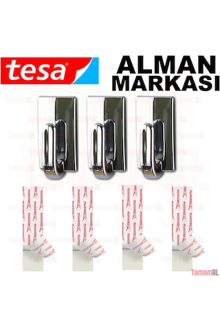 Tesa Alman Markası Sök Yapıştır 3 Adet Dikdörtgen Metalik Askı