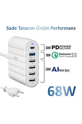 SooPii CS63 PD 3.0+QC3.0+PPS 68W 6 Port Taşınabilir Çoklu Şarj İstasyonu