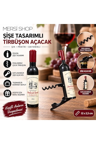 Şişe Tasarımlı Paslanmaz Çelik Tirbuşon Açacak 12x2,5 Cm Katlanabilir Şişe Açacağı Bordo
