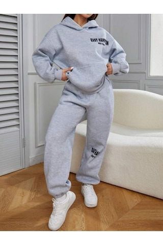 Gri East Hampton Baskılı Kapüşonlu Sweatshirt Ve Eşofman Altı Eşofman Takımı Gri
