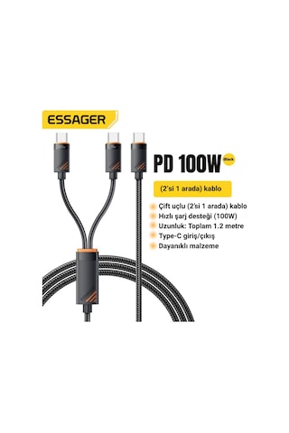 Essager 1.2 Metre 100w 2in1 Type C To 2x Type C Şarj Ve Data Kablosu, Çift Cihaz Desteği, Dayanıklı Örgülü Tasarım,