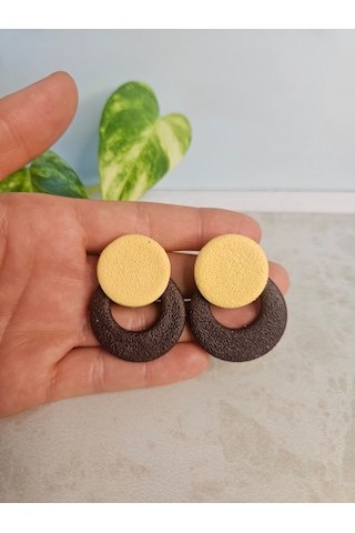 El Yapımı Polimer Kil Küpe - Paslanmaz Çelik Aparatlı Sarı Ve Acı Kahve Dokulu Halka Küpe Earthy Loop Kahverengi