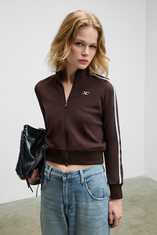 Grimelange Repeta Kadın Dik Yakalı Nakış Detaylı Fermuarlı Slim Fit Kahverengi Ceket Kahverengi