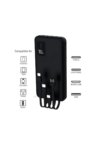 10.000 Mah Powerbank Dahili Çoklu Kablolu Taşınabilir Şarj Aleti Led Işıklı Güç Bankası Siyah
