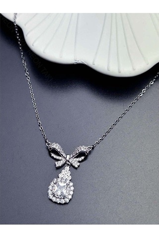 Zirkon Taşlı, Kurdela Figürlü, Tek Taşlı, Kolye 358, Paslanmaz Çelik Kolye Gümüş