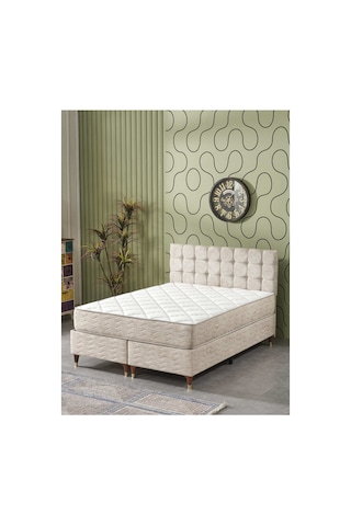 Beehanem Bengü Büyük Boy Çift Kişilik Başlık + Yatak + Baza Seti 160x200 Krem Sandıklı Premium 3'lü Çift Kişilik 160 x 200