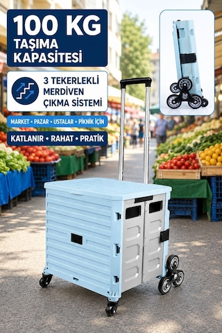 100 Kg Taşıma Kapasiteli Katlanır 3 Tekerlekli Merdiven Çıkan Market Pazar Ve Yük Taşıma Arabası Pz100