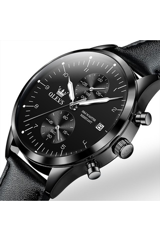 Olevs 2880 Erkekler Çok Fonksiyonlu İş Su Geçirmez Deri Kayış Kuvars İzle Siyah
