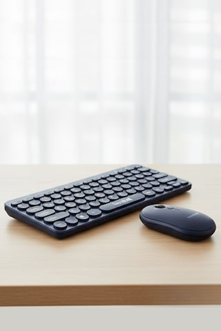 Kablosuz Lacivert Bluetooth Klavye Mouse Seti Yuvarlak Tuşlu Tasarım, Türkçe Q Dizilim, Taşınabilir, Ev Ofis Kullanımına Uygun