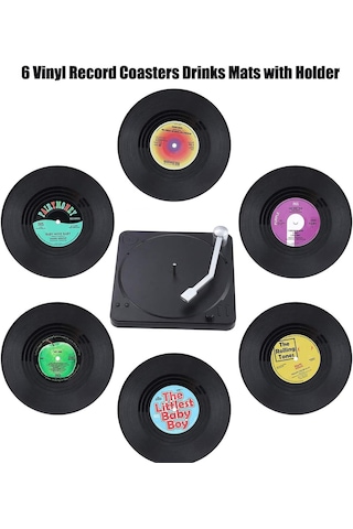 Eski Plak Çalar 7 Parça Dekorlu 6 Lı Bardak Altlığı Vintage Plak Retro Müzik Vinil Dekoru Çok Renkli - Siyah