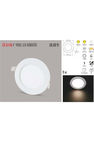 Cata Ct-5146 10 Adet 9W Slim Led Panel Armatür Alüminyum Kasa Beyaz