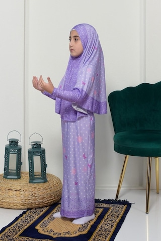 Çocuk Namaz Takımı Pratik İki Parça Desenli Kollu Tak Çıkar Başörtülü Likralı Tesettür Elbise 6-12 Yaş 901-0102 Çok Renkli